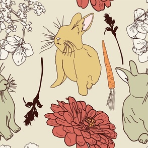 Bunnies and Flower Blossoms, Jumbo Scale - Ivory, Blush Pink, Khaki