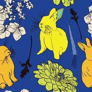 Bunnies and Flower Blossoms, Jumbo Scale - Cobalt Blue, Lime Green, Yellow