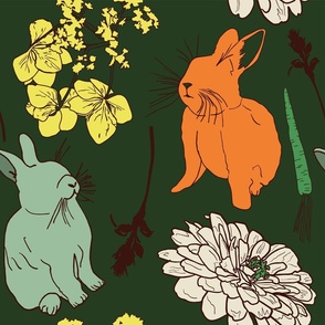 Bunnies and Flower Blossoms, Jumbo Scale - Emerald, Mint Green, Orange