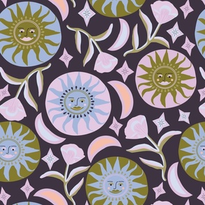 Quirky Sun, Moons, stars & Florals in Artichoke Green, Pink, Blue, and Apricot