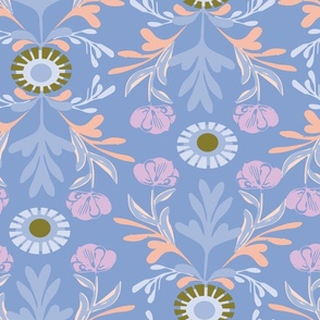 Decorative Victorian Pink Florals with Blue Foliage