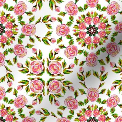 Retro Kaleidoscope Roses 2 Pink on White