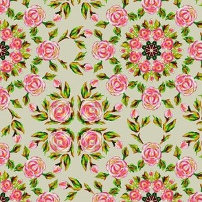 Retro Kaleidoscope Roses 2 Pink on Beige