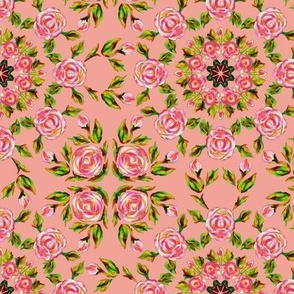 Retro Kaleidoscope Roses 2 Pink on Salmon Pink