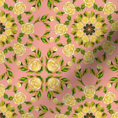 Retro Kaleidoscope Roses 2 Yellow on Salmon Pink