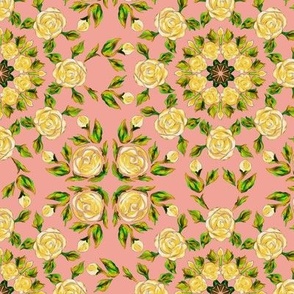 Retro Kaleidoscope Roses 2 Yellow on Salmon Pink