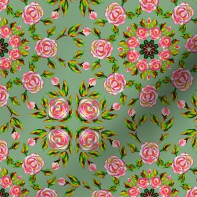 Retro Kaleidoscope Roses 2 Pink on Sage Green