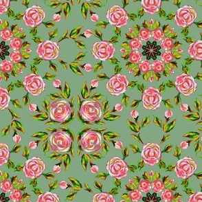 Retro Kaleidoscope Roses 2 Pink on Sage Green