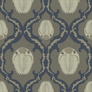 Small Prehistoric Trilobites Fossils in an Ogee Damask Pattern with a Crocodile Khaki Brown Background