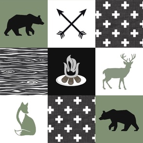 Woodland Camper Patchwork, Olive & Black, 3x3, 4.5”SQ  