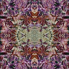 Mirrored sea plants in kaleidoscopic array with central cross pink, rich red, pale grey green