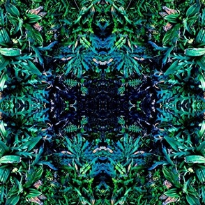 Mirrored sea plants in kaleidoscopic array with central cross dark teal, emerald green, pink