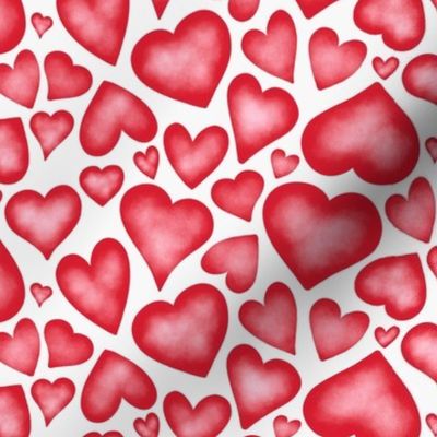 Watercolour jumbled hearts - ruby red and white background