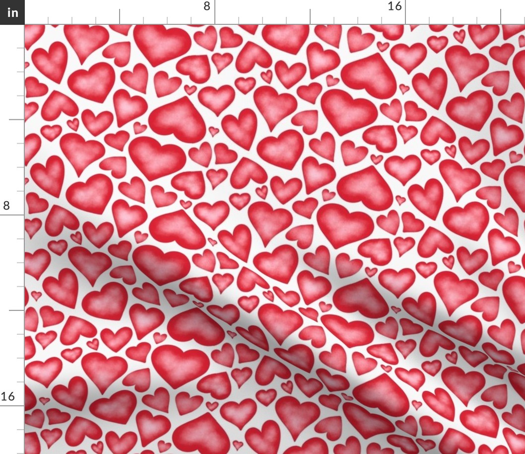 Watercolour jumbled hearts - ruby red and white background