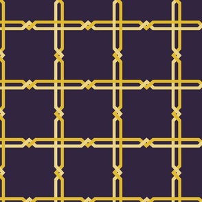 Gold Tangle Squares Grid Lattice Interlocking on Purple Indigo Medium