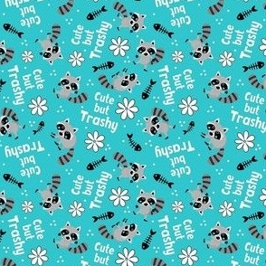 Small Scale Cute But Trashy Funny Trash Panda Raccoons on Turquoise Blue