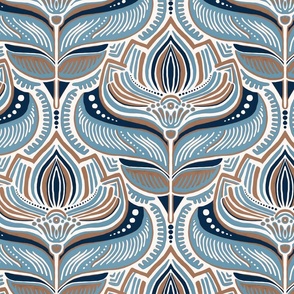 Peaceful Blue and Coffee Brown Art Deco Lotus Damask - large
