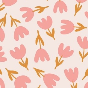 Emily / medium scale / coral orange beige minimal floral allover pattern with abstract tulips