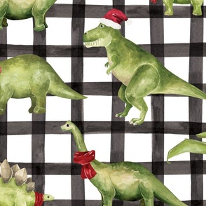 T-Rex Santa Christmas Dinosaurs on Plaid 24 inch