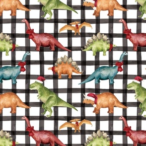 Colorful Christmas Dinosaurs on Plaid 12 inch