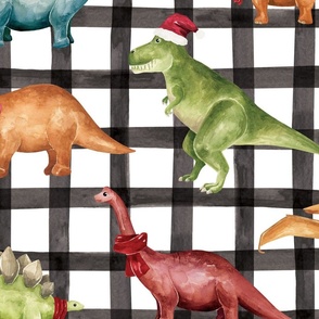Colorful Christmas Dinosaurs on Plaid 24 inch