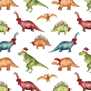 Colorful Christmas Dinosaurs on White 12 inch
