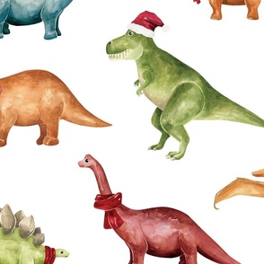 Colorful Christmas Dinosaurs on White 24 inch