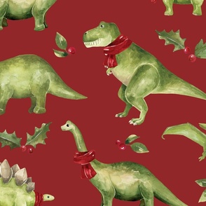 Christmas Dinosaurs on Red 24 inch