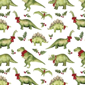 Christmas Dinosaurs on White 12 inch