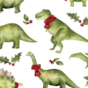Christmas Dinosaurs on White 24 inch