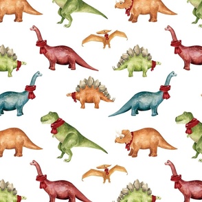 Colorful Winter Dinos on White 12 inch