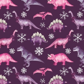 Pink and Purple Winter Dinosaurs and Snowflakes 12 inch
