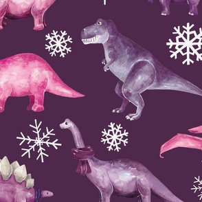 Pink and Purple Winter Dinosaurs and Snowflakes 24 inch