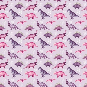 Pink and Purple Winter Dinosaurs and Snowflakes on Light Purple 6 inch