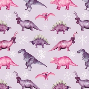 Pink and Purple Winter Dinosaurs and Snowflakes on Light Purple 12 inch