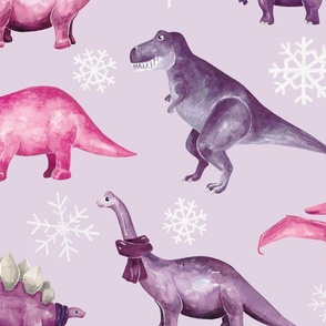 Pink and Purple Winter Dinosaurs and Snowflakes on Light Purple 24 inch