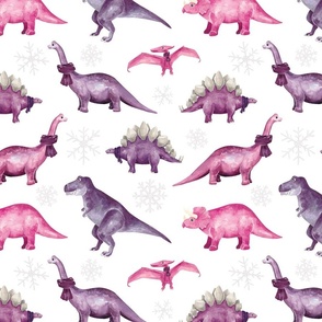 Pink and Purple Winter Dinosaurs on White 12 inch