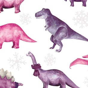 Pink and Purple Winter Dinosaurs on White 24 inch