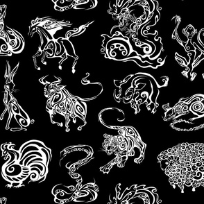 The Chinese Lunar Astrology Signs - White on Black