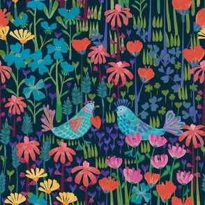 Hello tweet hear dark large 18" - colorful folk style birds amongst flowers on a dark background