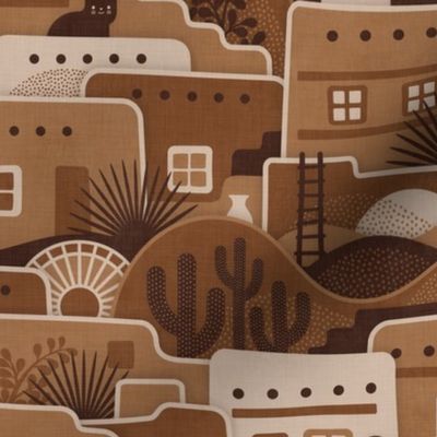 Pueblito Cats- Little Desert Village with Cats- New Mexico Cat- Earth Tone Houses- Brown- Caramel- Mocha- Coffee- Medium