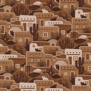 Pueblito Cats- Little Desert Village with Cats- New Mexico Cat- Earth Tone Houses- Brown- Caramel- Mocha- Coffee- Medium