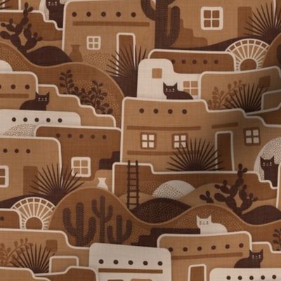 Pueblito Cats- Little Desert Village with Cats- New Mexico Cat- Earth Tone Houses- Brown- Caramel- Mocha- Coffee- Small