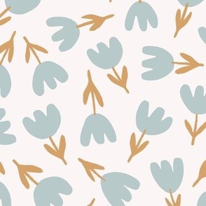 Emily / medium scale / light turquoise mustard beige minimal floral allover pattern with abstract tulips
