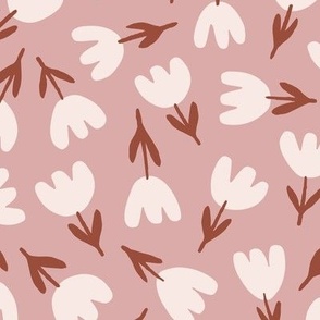 Emily / medium scale / coral pink dark brown beige minimal floral allover pattern with abstract tulips