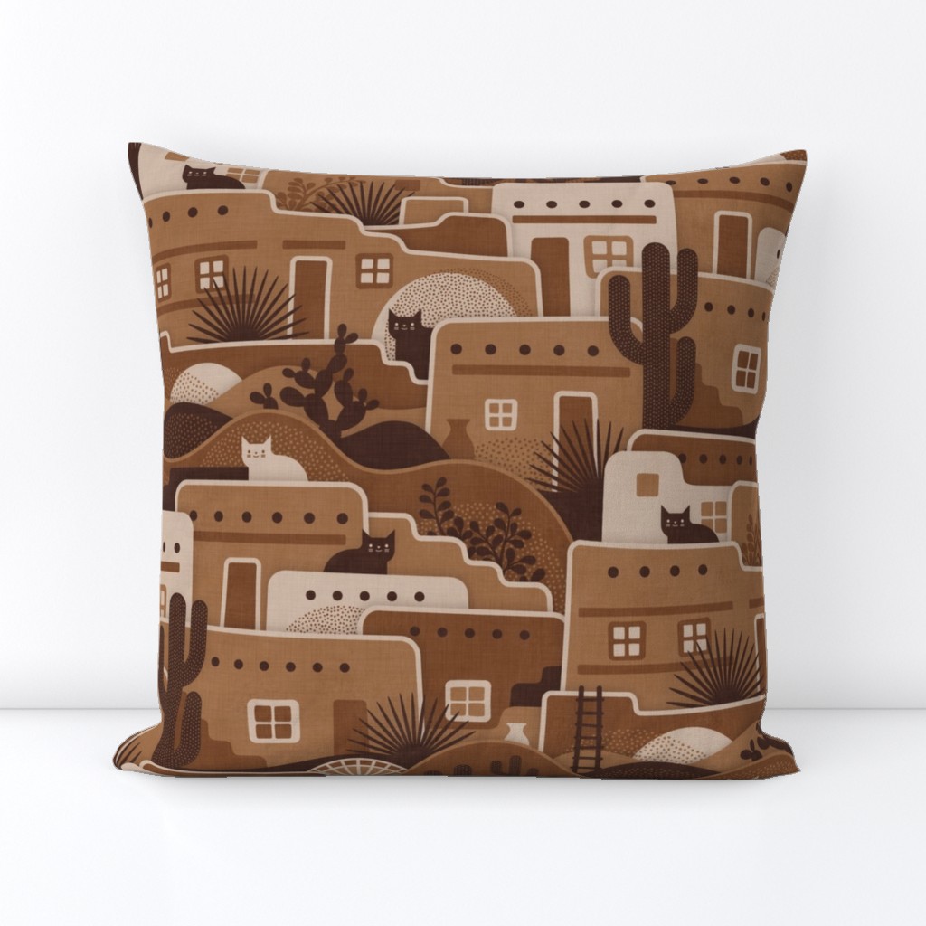 Pueblito Cats- Little Desert Village with Cats- New Mexico Cat- Earth Tone Houses- Brown- Caramel- Mocha- Coffee- Large