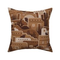 Pueblito Cats- Little Desert Village with Cats- New Mexico Cat- Earth Tone Houses- Brown- Caramel- Mocha- Coffee- Large