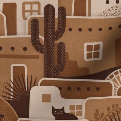 Pueblito Cats- Little Desert Village with Cats- New Mexico Cat- Earth Tone Houses- Brown- Caramel- Mocha- Coffee- Large