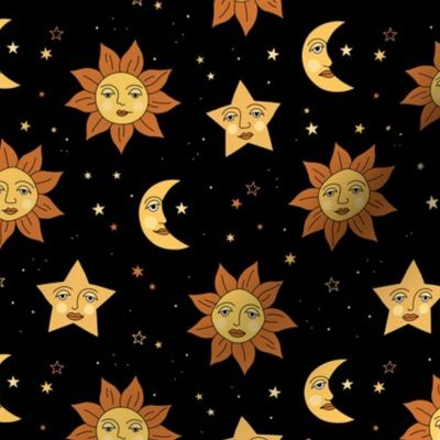 Nineties moon and sun modernist faces - mystic stars and universe theme vintage style freehand illustration golden yellow on black night