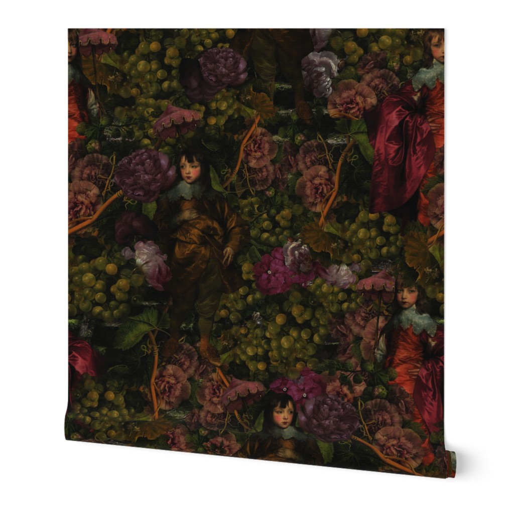 Baroque dark academia antiqued Luxury Little Boys With Nostalgic Bold Green Grapes And Purple Peonies Dark Night